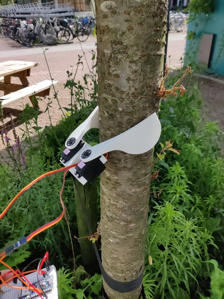 White 3D-printed PLA gripper hugging a tree trunk at VU StartHub, two hobby servos, June 2024