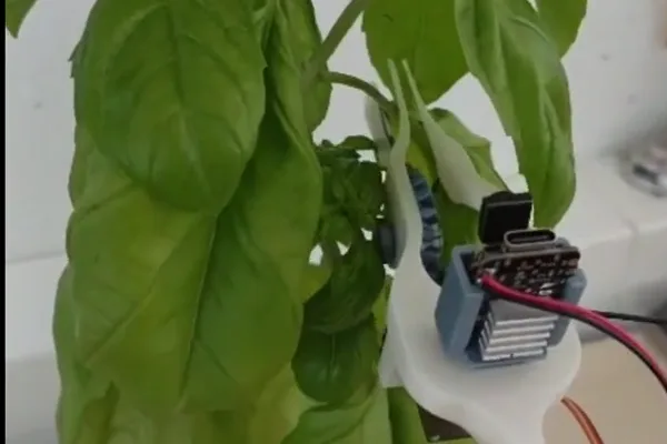 Basil Bot printed arm reaching into a basil plant