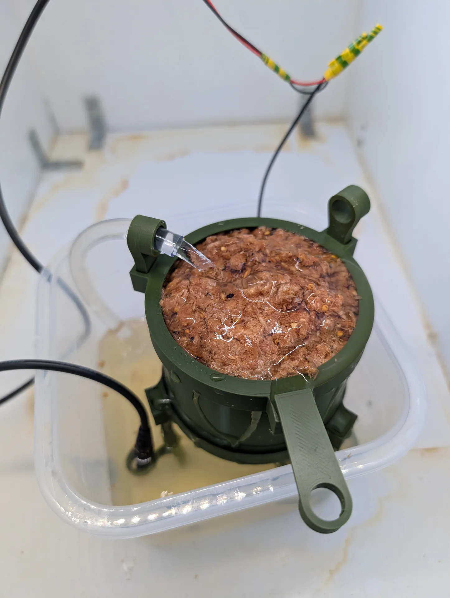 Close-up of myco tower dripping onto substrate